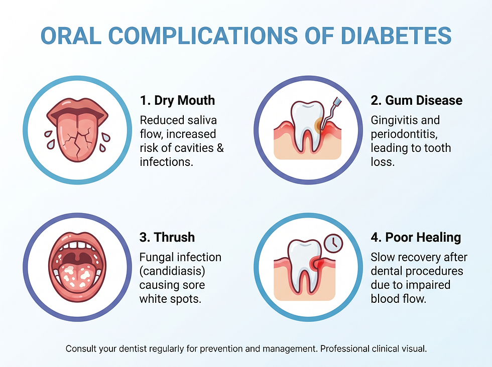 Oral complications of diabetes: dry mouth, gum disease, thrush, and poor healing
