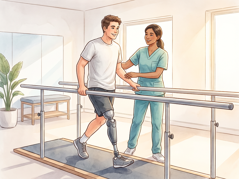 A prosthetic leg user practicing walking between parallel bars with a physical therapist