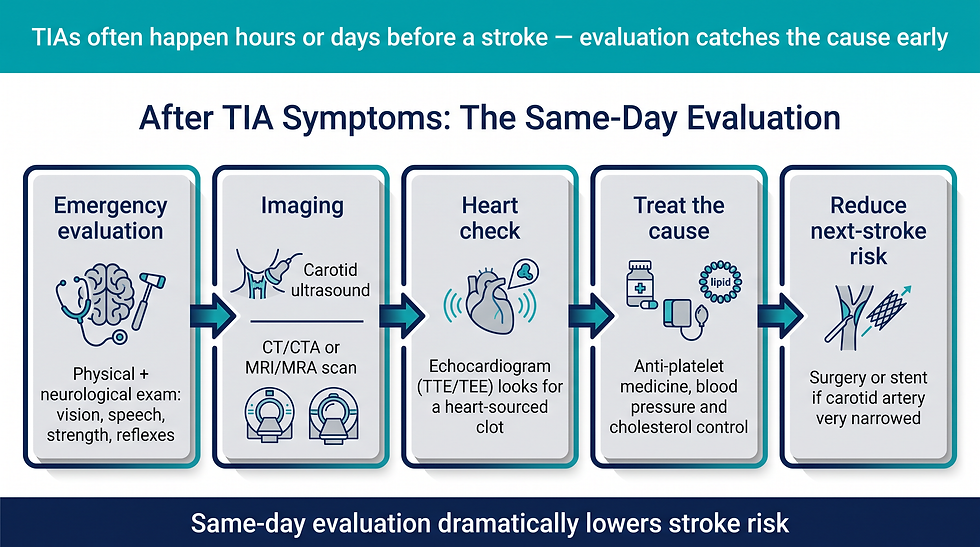 Pathway from TIA symptoms to diagnosis: emergency evaluation, imaging of the brain and neck arteries, heart tests, and treatment planning
