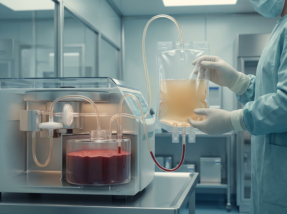 Laboratory scene showing plasma separated from whole blood and collected into a transparent bag for freezing