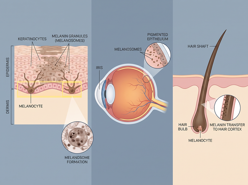 An anatomical overview of melanin production, highlighting melanocytes and their role in skin, hair, and eye pigmentation.