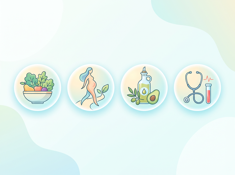 Infographic of the pillars of maternal and fetal wellness: balanced nutrition, regular activity, healthy fats, and regular check-ups