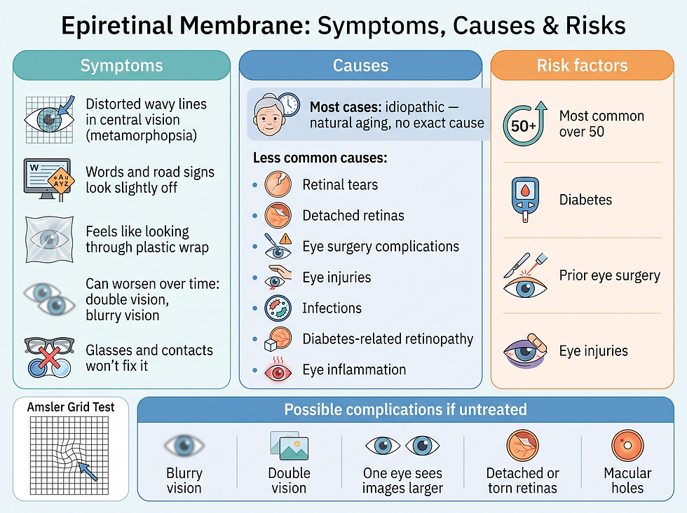 Infographic of epiretinal membrane symptoms and causes: blurry or wavy vision, distortion and risk factors such as age and eye conditions