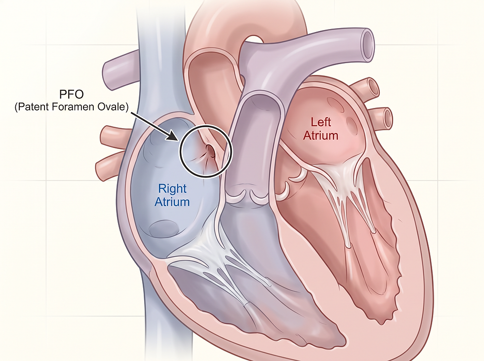 Heart cross-section showing the location of a patent foramen ovale between the right atrium and left atrium