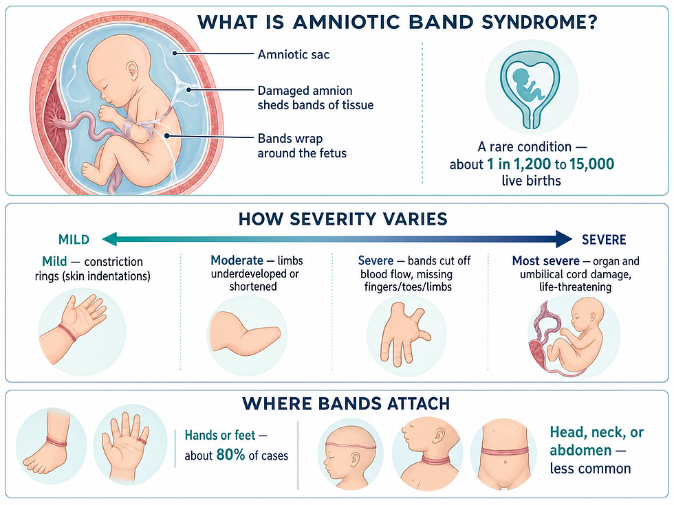 Amniotic band syndrome: how bands form in the amniotic sac, the severity spectrum, and where bands attach