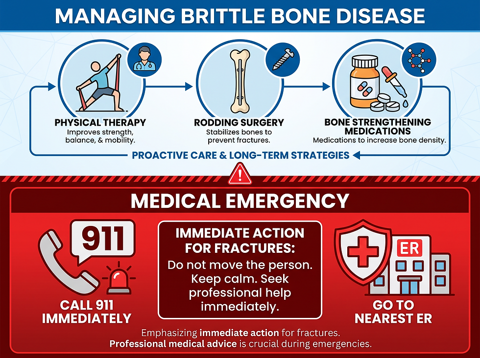 Managing brittle bone disease with physical therapy, rodding surgery and bone-strengthening medications, plus an emergency response guide for fractures