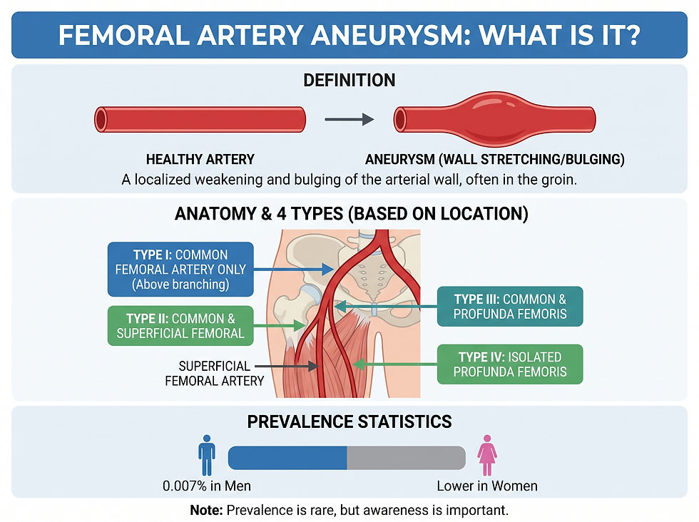 Infographic explaining femoral artery aneurysm definition, anatomy of the thigh, and the four distinct types based on artery location