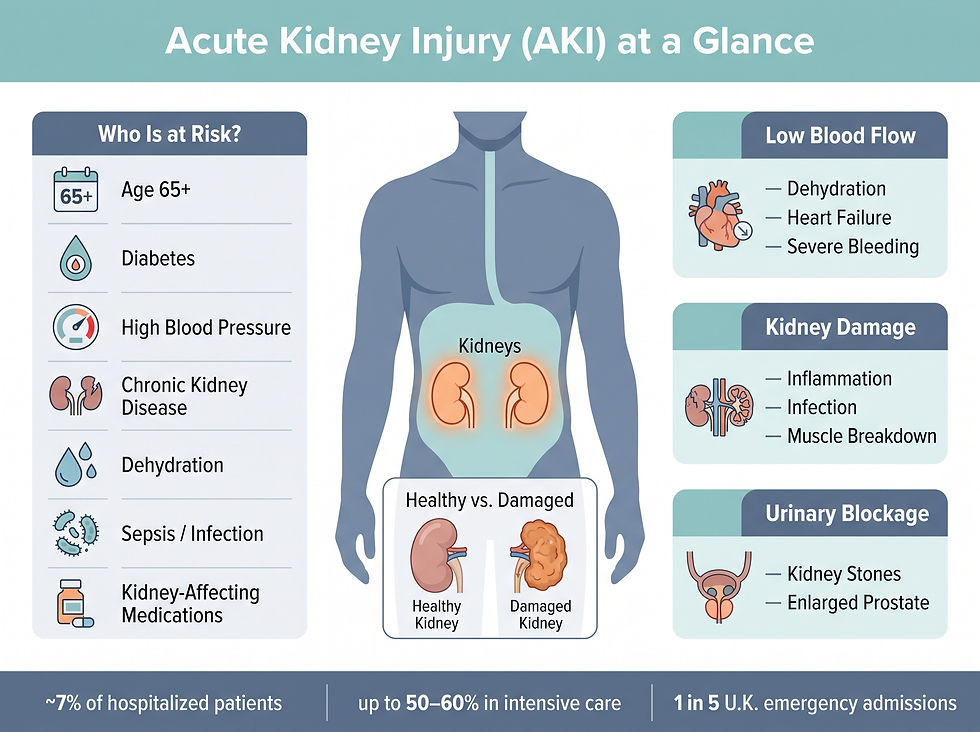 At-a-glance infographic showing highlighted kidneys in the body, a healthy vs. damaged kidney comparison, three cause categories (low blood flow, kidney damage, urinary blockage), a who-is-at-risk panel with seven risk factors, and key hospital statistics
