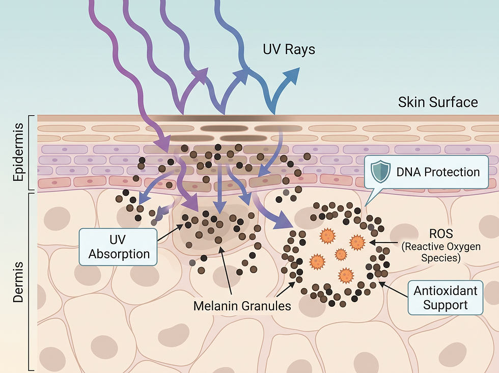 A clinical diagram illustrating the protective role of melanin against UV radiation and reactive oxygen species.