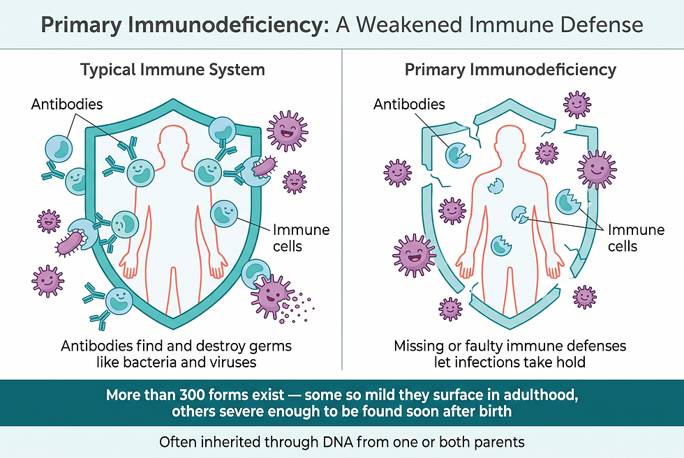 Side-by-side comparison of a typical immune system where antibodies and immune cells swarm and destroy germs, and a primary immunodeficiency immune system where missing or faulty immune defenses let germs pass through, with a callout that more than 300 forms exist and the conditions are often inherited through DNA.