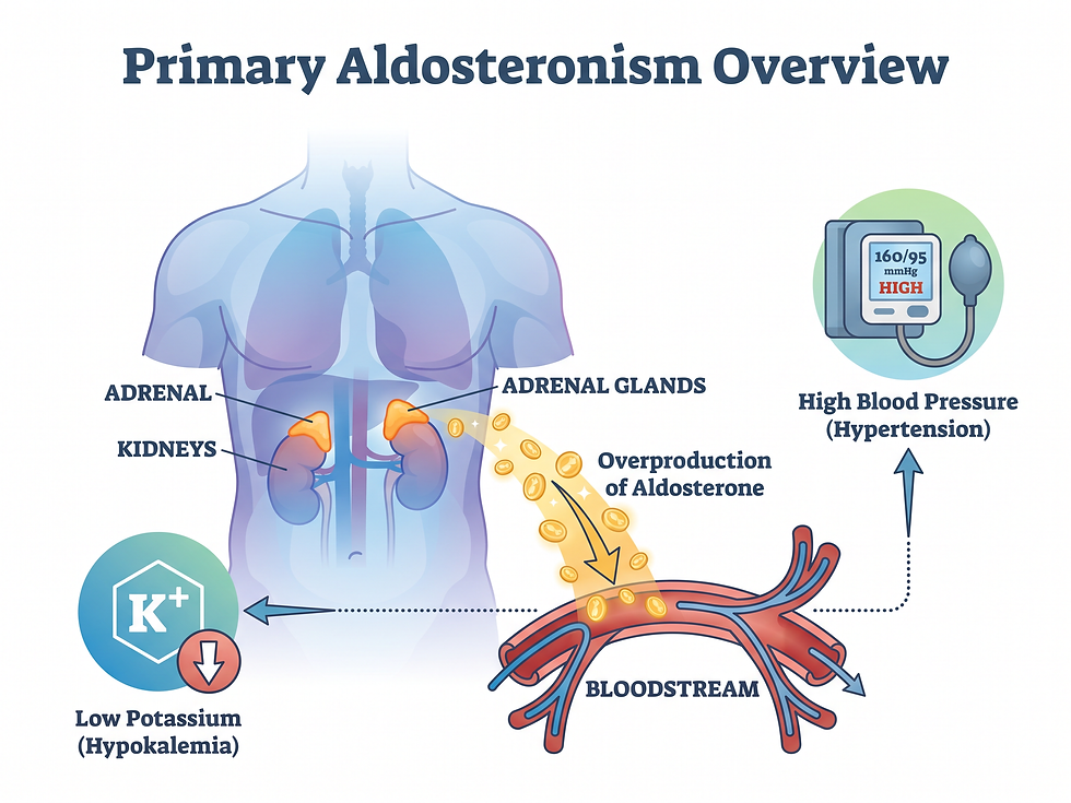 Overview of primary aldosteronism: excess aldosterone from the adrenal glands causes high blood pressure and low potassium