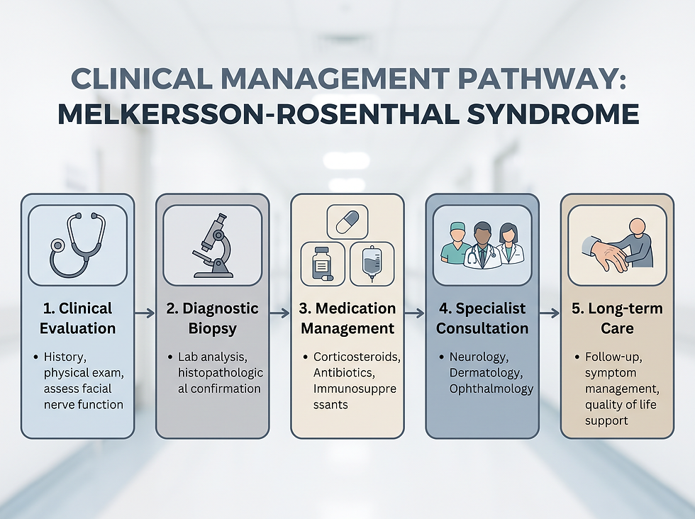 Five-step clinical management pathway for Melkersson-Rosenthal syndrome: clinical evaluation, diagnostic biopsy, medication management, specialist consultation, and long-term care.