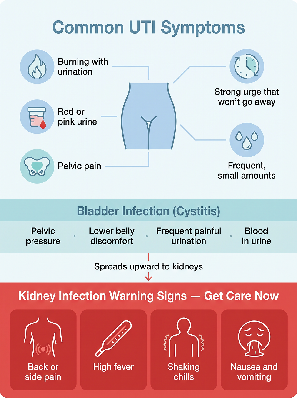 An infographic showing urinary tract infection symptoms by body location — common UTI symptoms, bladder infection (cystitis) symptoms, and kidney infection warning signs that need care now