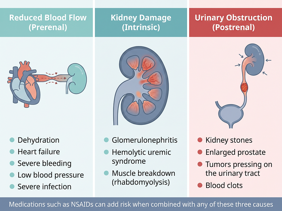 Three-panel comparison of acute kidney injury cause categories: reduced blood flow (prerenal), kidney damage (intrinsic), and urinary obstruction (postrenal)