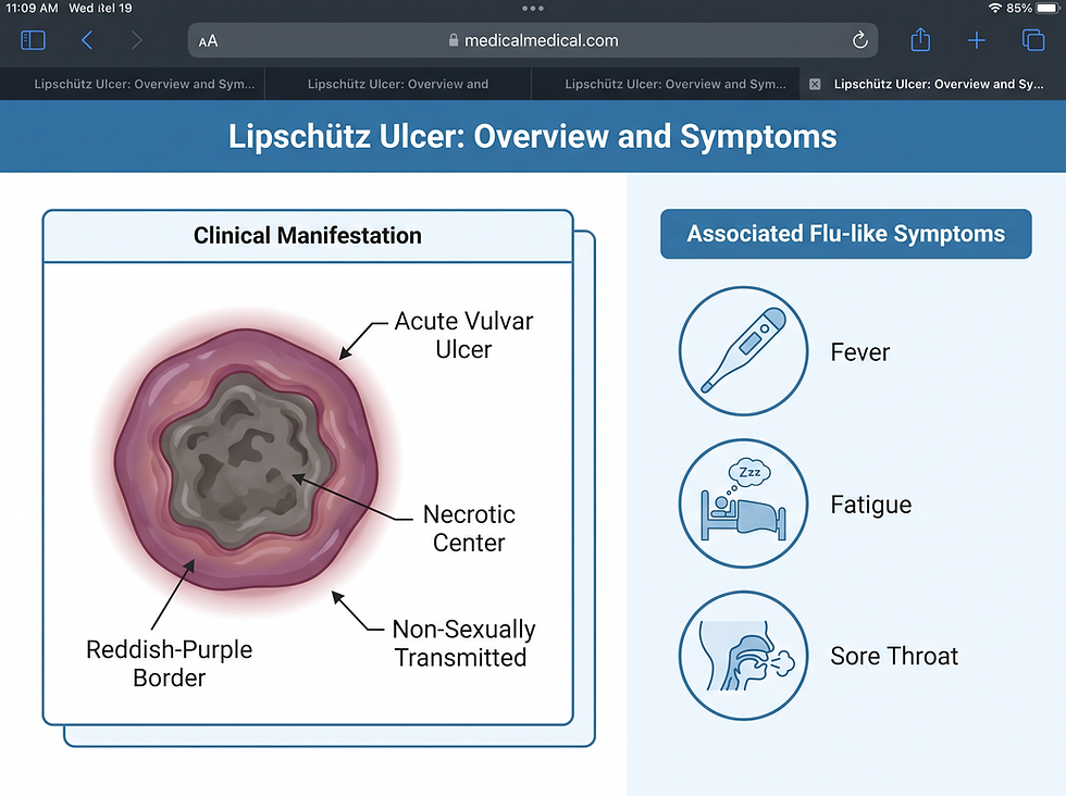 Overview of Lipschütz ulcer: an acute vulvar ulcer with a necrotic center and reddish-purple border, alongside associated flu-like symptoms of fever, fatigue, and sore throat.