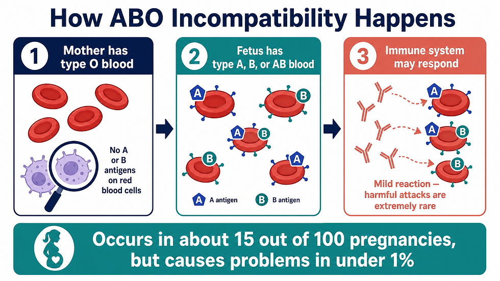 Diagram of the ABO incompatibility mechanism between a mother's and fetus's red blood cells