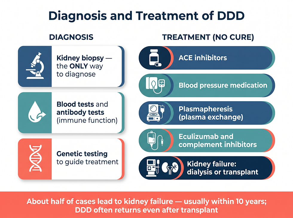 How dense deposit disease is diagnosed with a kidney biopsy and treated with ACE inhibitors, plasmapheresis, and complement inhibitors