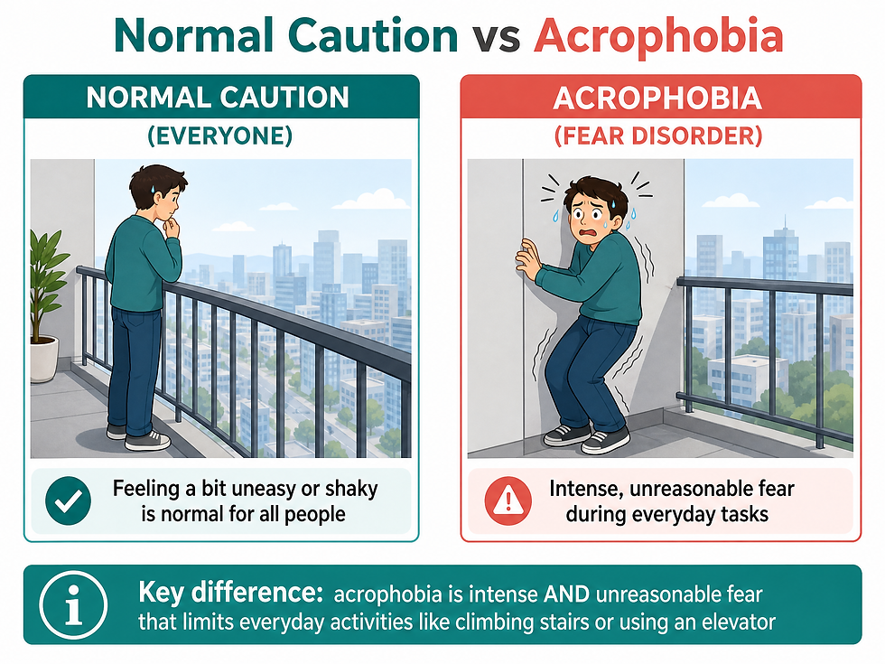 Side-by-side comparison showing normal caution versus acrophobia. On the left, a person stands near a balcony railing feeling mildly uneasy, labeled normal caution: feeling a bit uneasy or shaky is normal for all people. On the right, the same person presses against a wall in intense fear, labeled acrophobia: intense, unreasonable fear during everyday tasks. A banner below states the key difference: acrophobia is intense and unreasonable fear that limits everyday activities like climbing stairs.