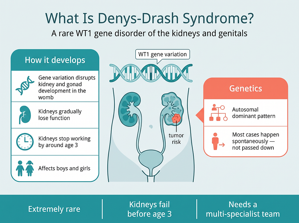 What is Denys-Drash syndrome: the WT1 gene disorder affecting kidneys and genitals, with kidney failure by age 3