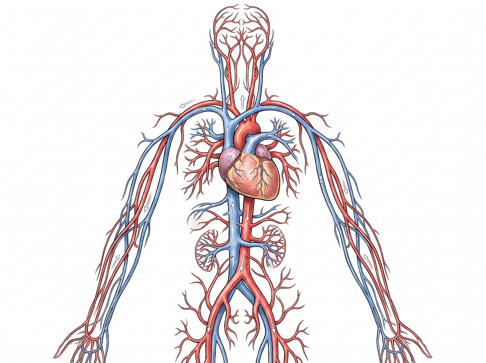Systemic circulation cycle showing the heart as the pump and the branching arterial and venous networks