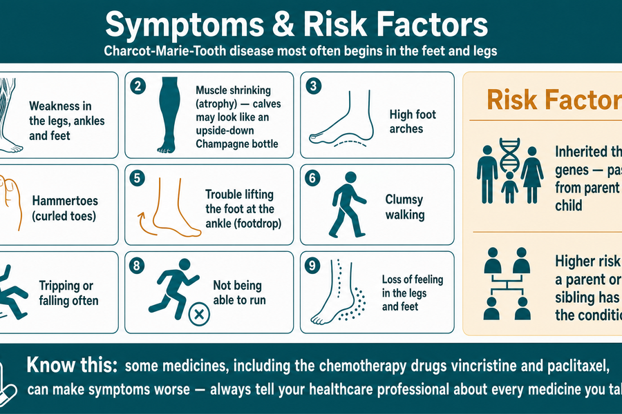 The nine most common symptoms of Charcot-Marie-Tooth disease, its risk factors, and medicines that can worsen symptoms