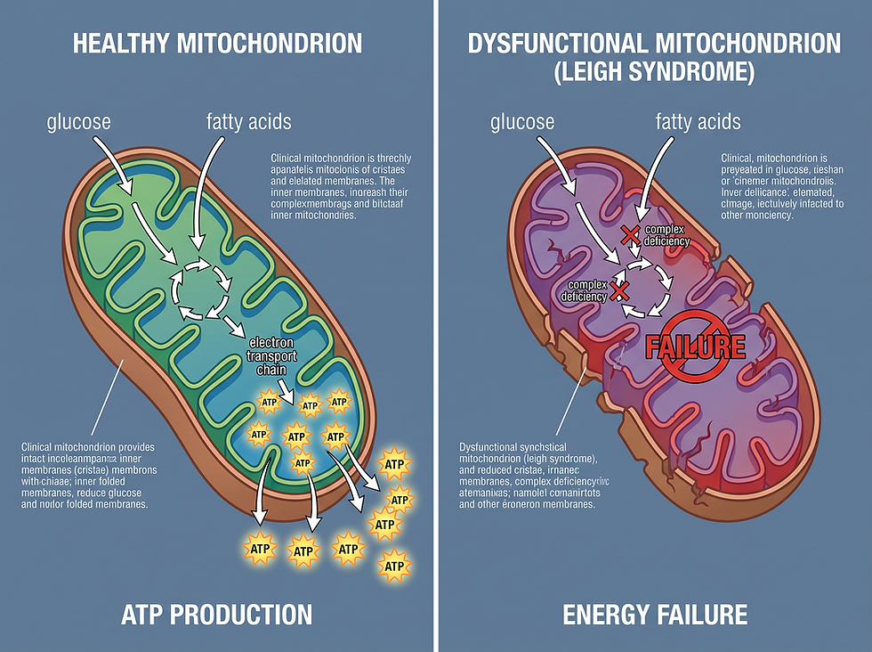 Medical illustration comparing healthy and dysfunctional mitochondria in Leigh syndrome, highlighting ATP production failure