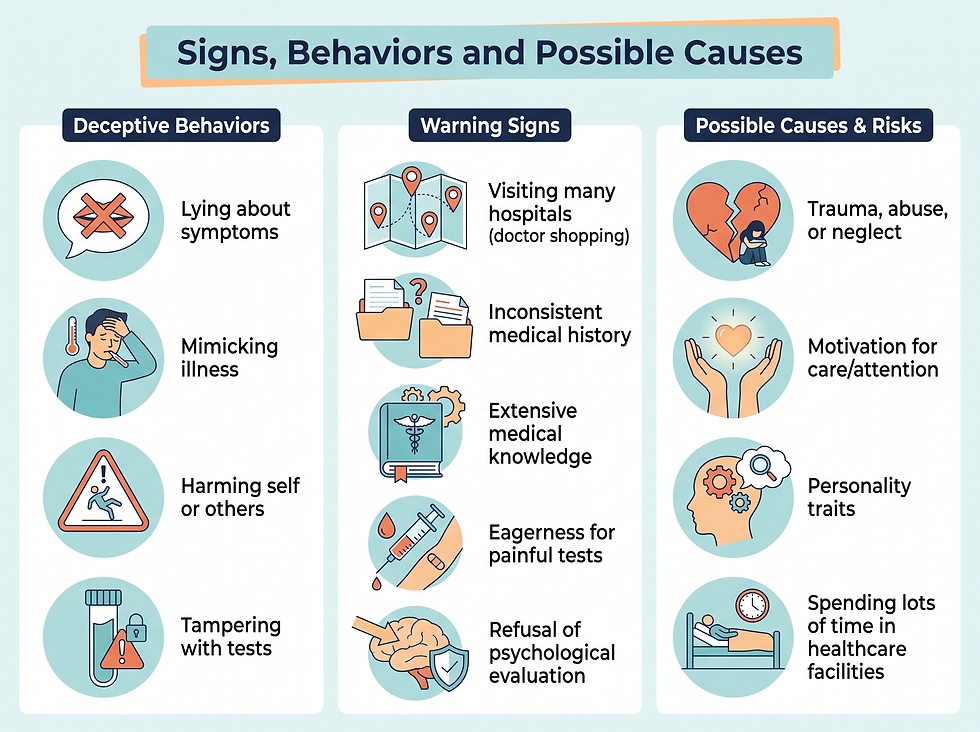 Infographic of factitious disorder signs, behaviors and possible causes: deceptive behaviors, warning signs and risk factors