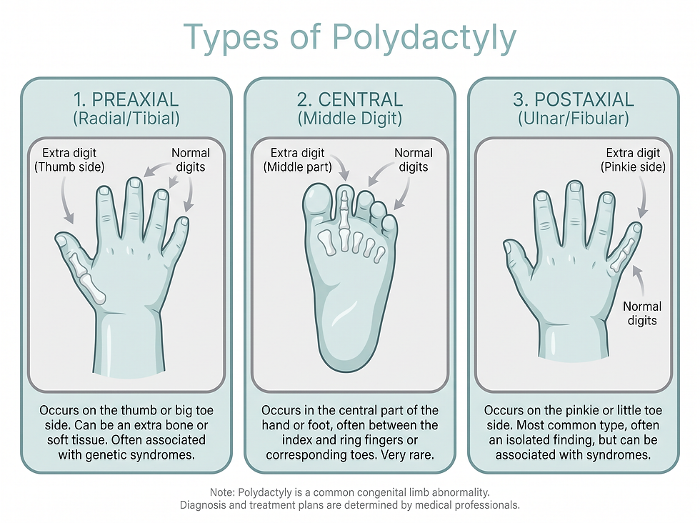 Types of polydactyly: preaxial, central, and postaxial