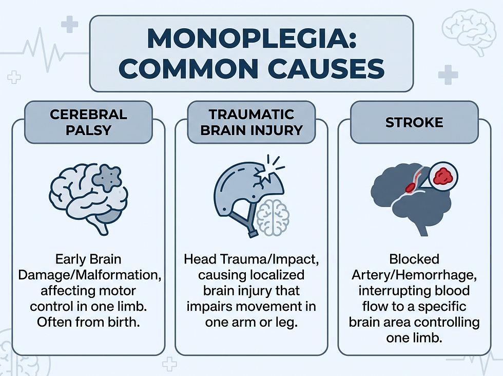 Infographic titled Monoplegia: Common Causes, showing cerebral palsy, traumatic brain injury, and stroke.