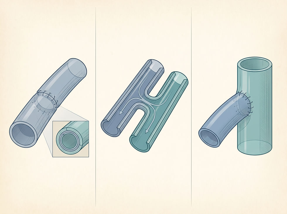 Conceptual overview of anastomosis types: end-to-end, side-to-side, and end-to-side connections