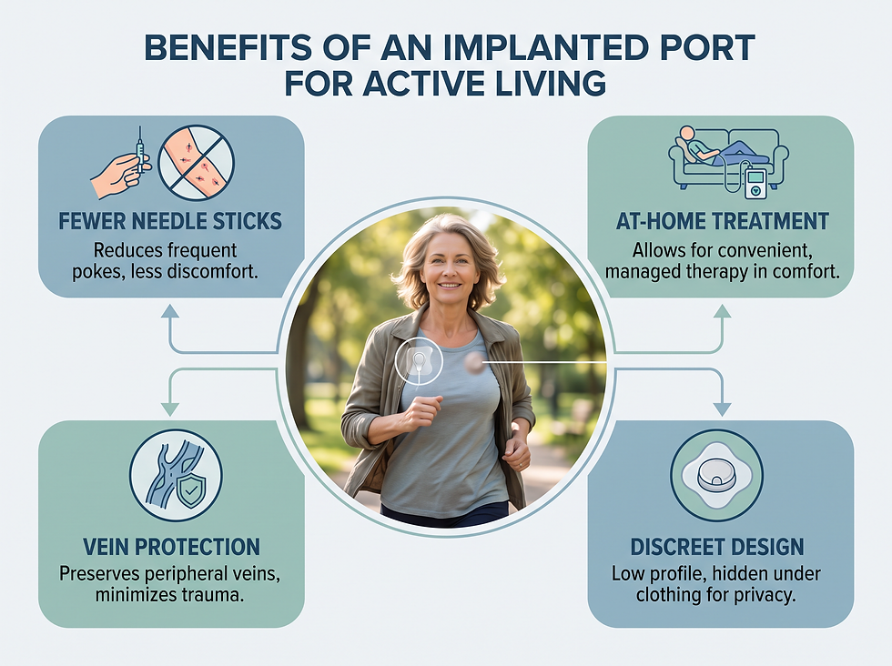 Infographic of implanted port benefits: fewer needle sticks, vein protection, at-home treatment, and discreet design, shown with an active woman jogging in a park