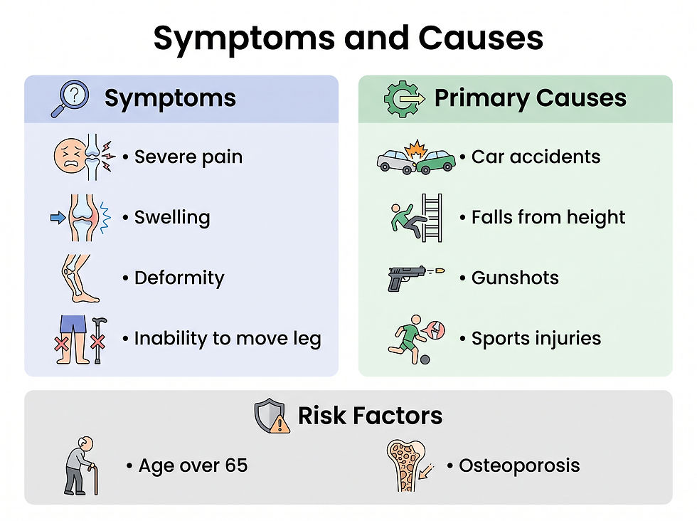 Medical illustration showing the symptoms of a broken femur and the primary causes, including high-impact car accidents and falls