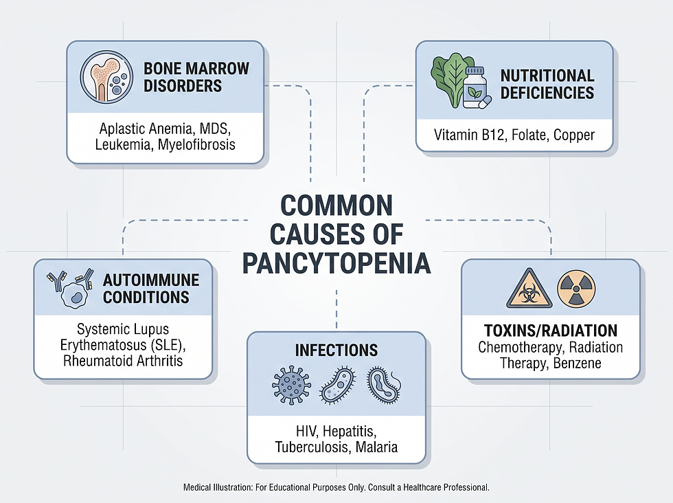 Infographic illustrating the various causes of pancytopenia, from toxins to bone marrow disorders.