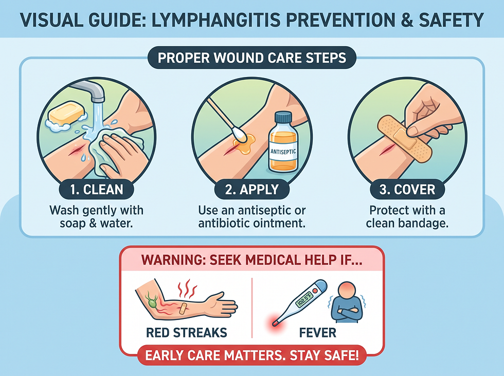 Visual guide to lymphangitis prevention: clean, apply antiseptic, cover the wound, and seek medical help for red streaks or fever