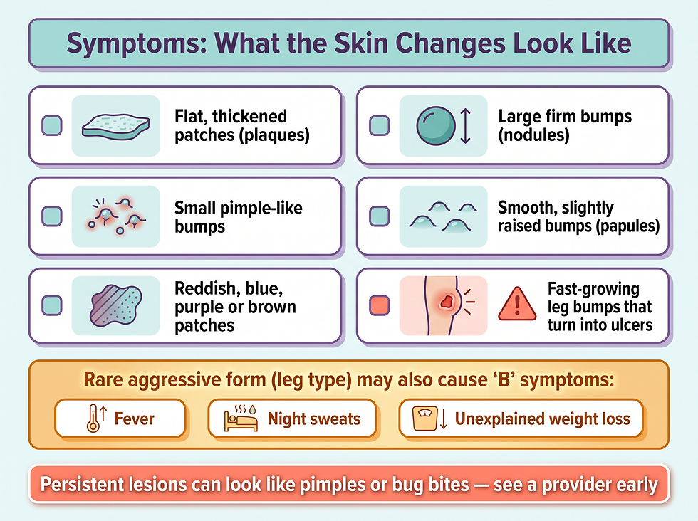 Symptoms of cutaneous B-cell lymphoma: the five lesion appearances, B symptoms of the aggressive type, and the early-care banner