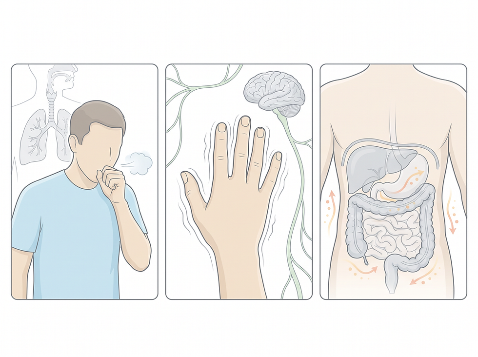 Three-panel illustration of mercury poisoning symptoms: coughing and respiratory distress, hand tremors with nervous system involvement, and gastrointestinal distress.