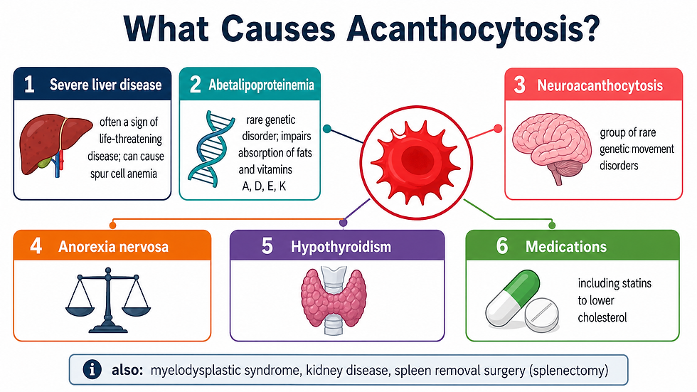 Infographic of the main causes of acanthocytosis — severe liver disease, abetalipoproteinemia, neuroacanthocytosis, anorexia nervosa, hypothyroidism, and medications including statins — with additional causes noted: myelodysplastic syndrome, kidney disease, and spleen removal surgery.