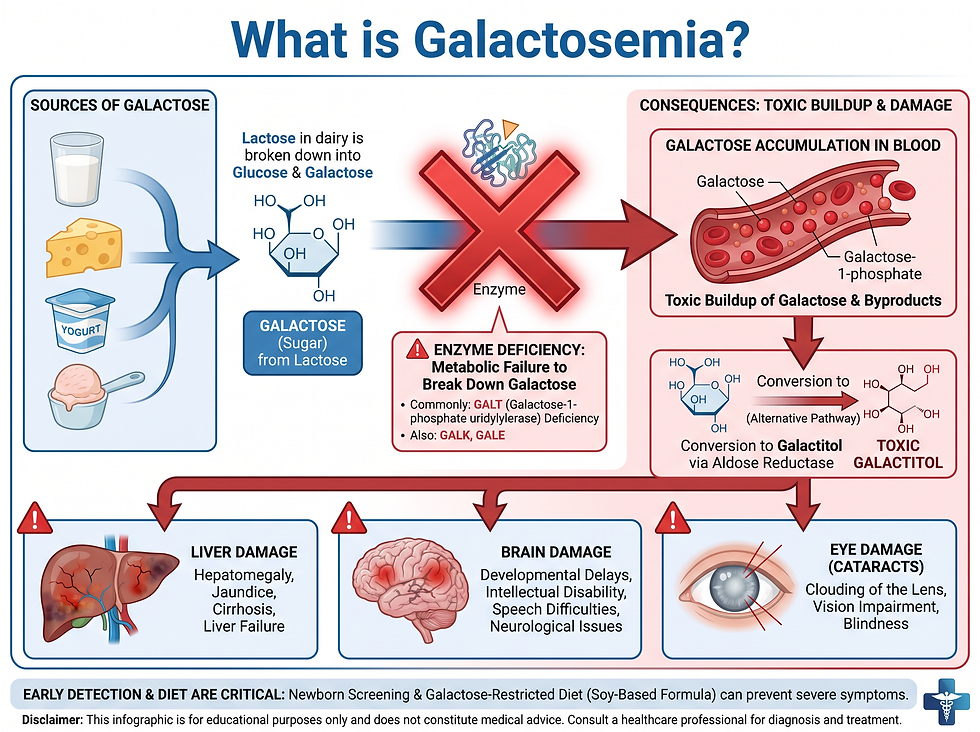 What is Galactosemia? Metabolic pathway, galactose buildup, and toxic galactitol mechanism