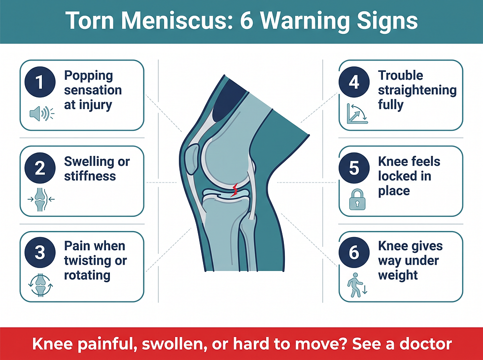 Torn meniscus warning signs: the six classic symptoms around a knee, with the when-to-see-a-doctor banner