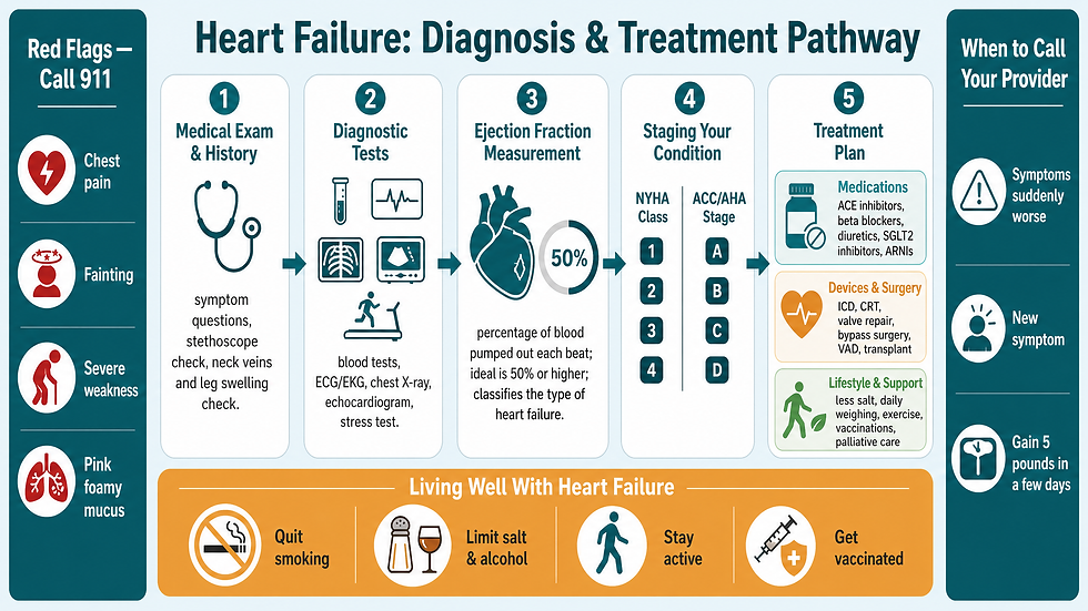 The five-step pathway from medical exam through diagnostic tests, ejection fraction measurement, staging, and the full treatment plan — plus daily living tips and when to seek urgent care.
