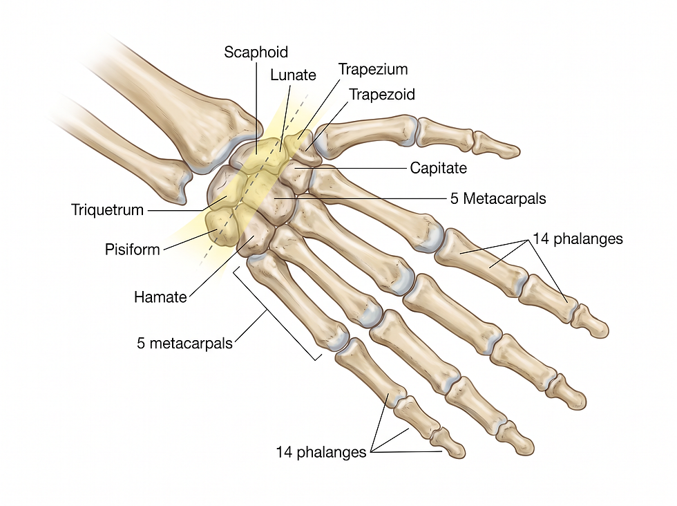 A professional medical illustration showing the 27 bones of the hand and wrist, including the carpal tunnel pathway.