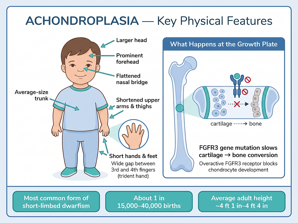 Achondroplasia key physical features and what happens at the growth plate