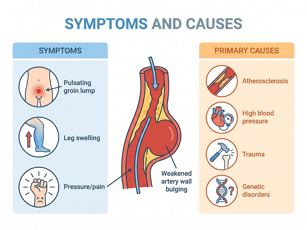 Medical illustration showing the symptoms of a pulsating groin lump and the primary causes including atherosclerosis and high blood pressure