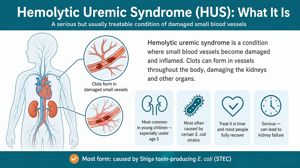 Hemolytic uremic syndrome (HUS) is a condition where small blood vessels become damaged and inflamed, forming clots that can harm the kidneys and other organs — four key facts about who is affected, the most common cause, and why timely treatment matters