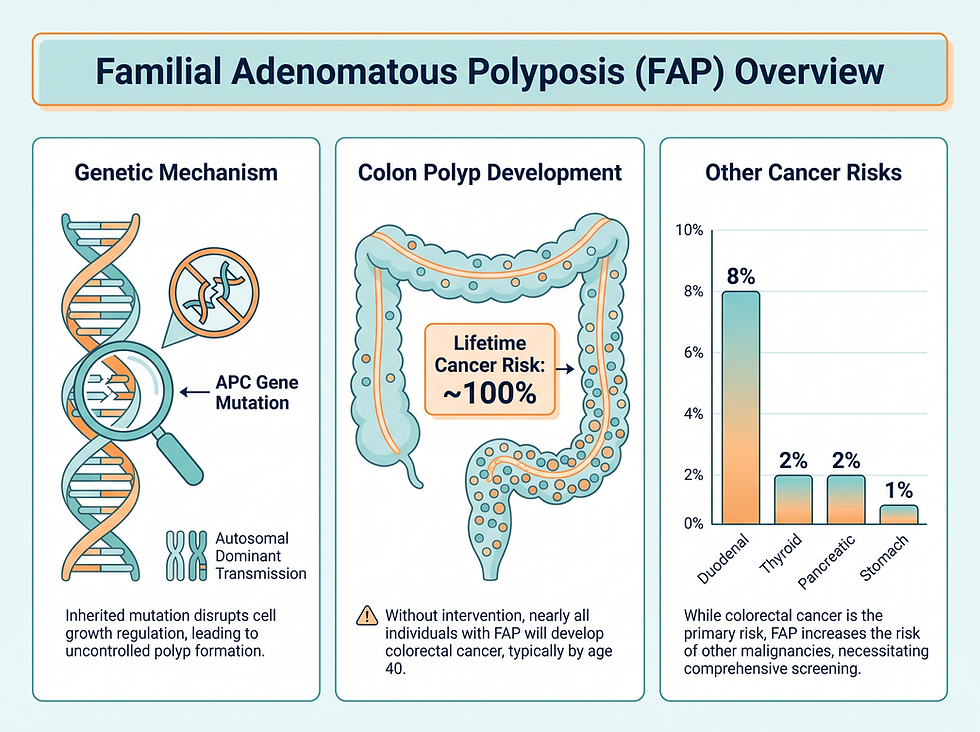 What Familial Adenomatous Polyposis (FAP) is — genetic mechanism, colon polyp development, and lifetime cancer risks