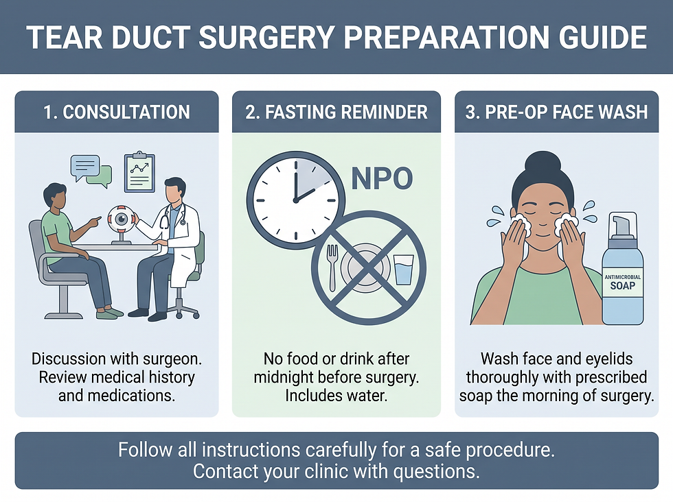 Preparation and surgical day infographic for dacryocystorhinostomy