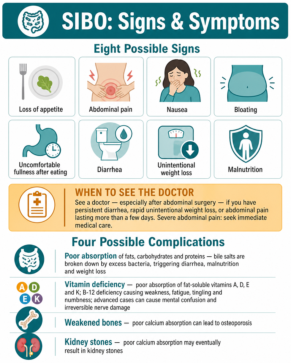 Eight possible SIBO signs — loss of appetite, abdominal pain, nausea, bloating, fullness after eating, diarrhea, unintentional weight loss, and malnutrition — plus the when-to-see-a-doctor triggers and the four complications: poor absorption of nutrients, vitamin deficiencies, weakened bones, and kidney stones