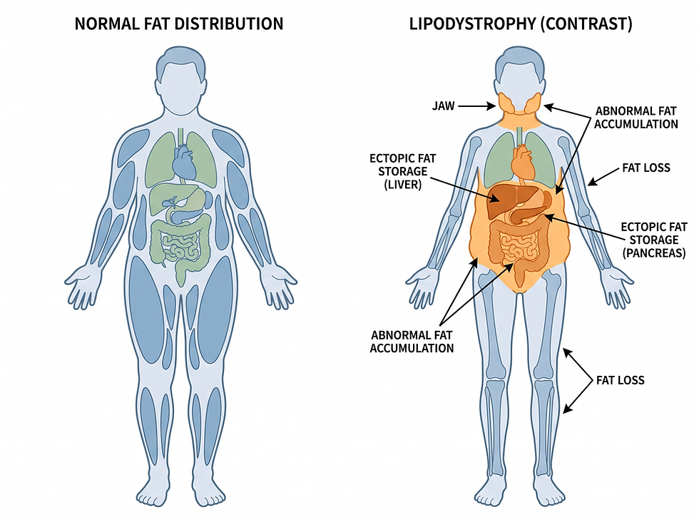 Lipodystrophy overview: normal fat distribution compared with abnormal fat distribution