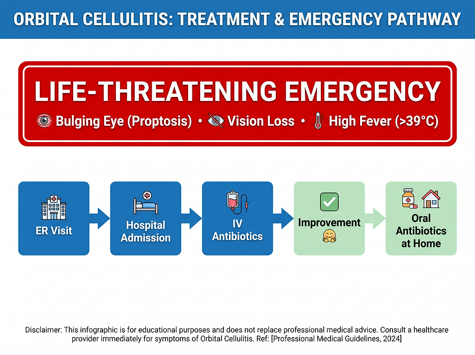Orbital cellulitis treatment pathway: emergency room visit, hospital admission, IV antibiotics, improvement, and oral antibiotics at home