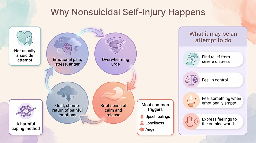 Compassionate cycle diagram titled "Why Nonsuicidal Self-Injury Happens" showing four nodes connected in a loop: emotional pain, stress, and anger lead to an overwhelming urge, which leads to a brief sense of calm and release, which is followed by guilt, shame, and a return of painful emotions that loops back to the start. Side cards note that self-injury is not usually a suicide attempt and is a harmful coping method, listing common triggers of upset feelings, loneliness, and anger. A right-hand panel lists what self-injury may be an attempt to do: find relief from severe distress, feel in control, feel something when emotionally empty, and express feelings to the outside world.